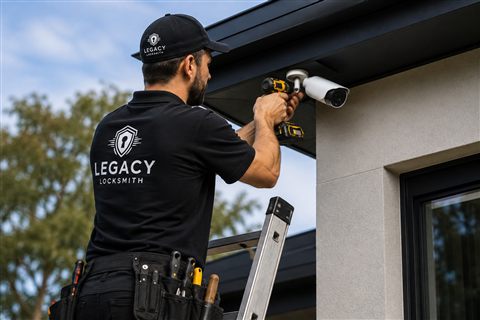 Locksmith installing a security camera under a roofline
