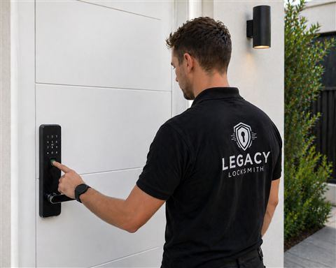 Locksmith installing a smart lock keypad
